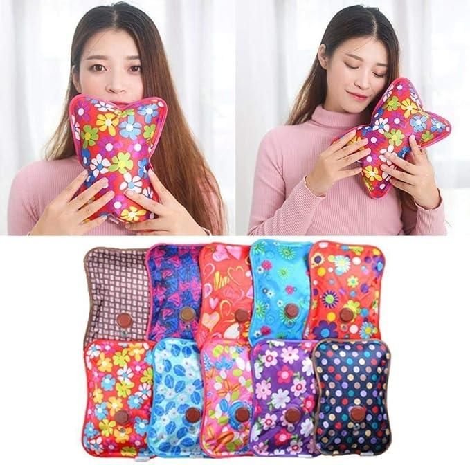 Woman holding a colorful floral hot water bottle with additional images of similar products below.