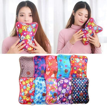 Woman holding a colorful floral hot water bottle with additional images of similar products below.