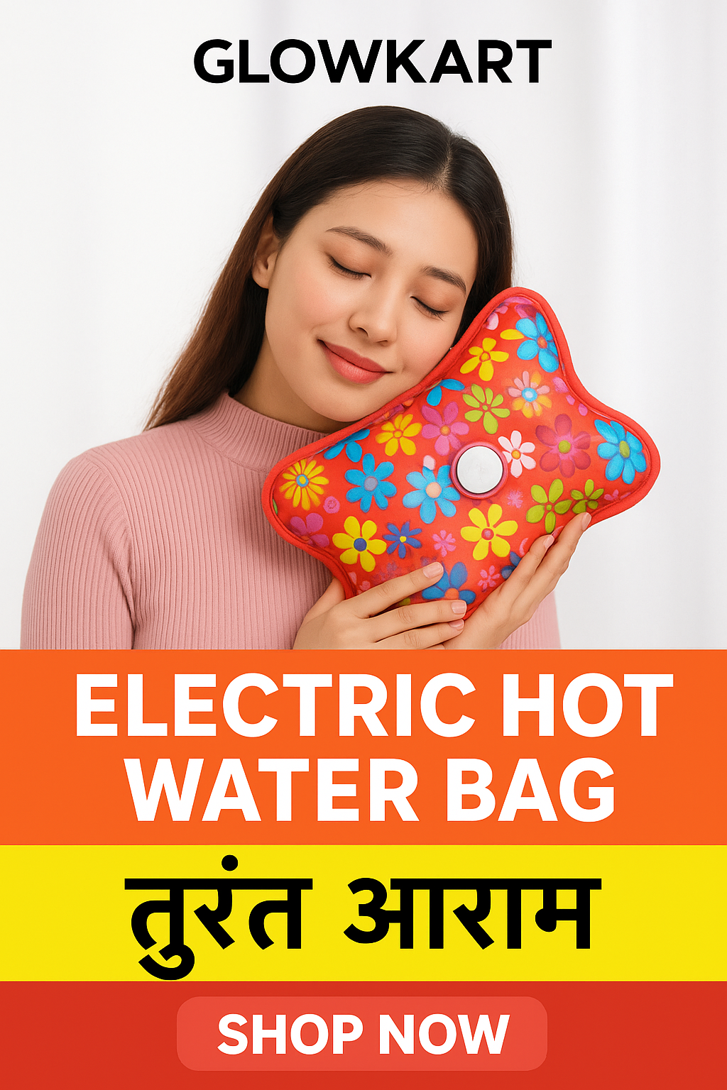 Woman holding a colorful electric hot water bag with 'Glowkart' branding.